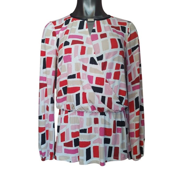 ELLEN TRACY Womens S Multi Abstract Geometric Print Cinched Waist Keyhole Top - Picture 1 of 4